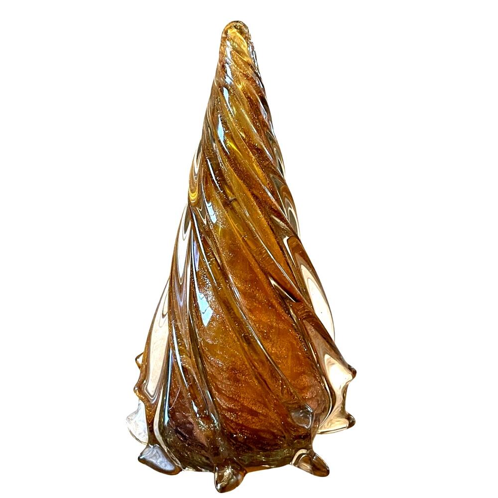 Pier 1 Art Glass Christmas Tree Amber Gold Swirl Glitter 8in Holiday Glam NEW